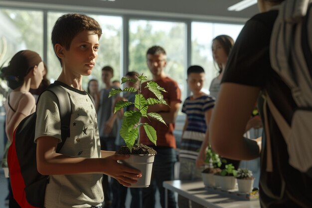 Photo students presenting a plant to teacher