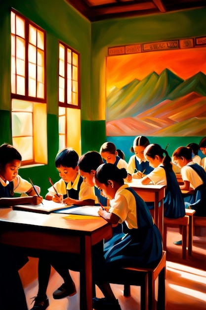 students and pupil in lesson at school in a classroom bright dayligh in uniform illustration