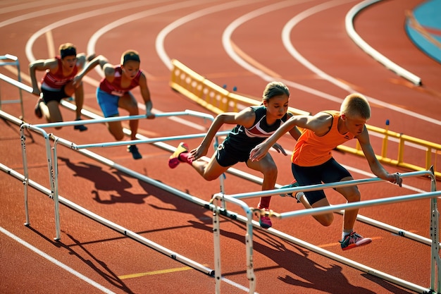 Photo students racing on a track with hurdles symbolizing academic challenges ai generated