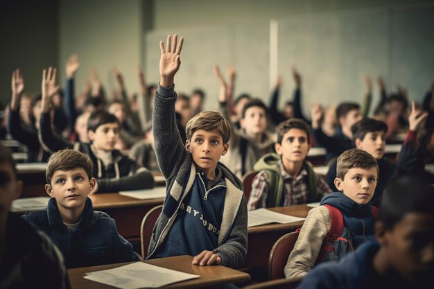 students raising their hands in class eager to participate