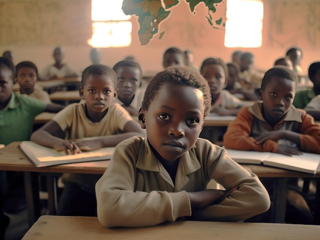 Students in a school in africa take the lesson and write notes on a blackboard with chalk Children at school in Africa