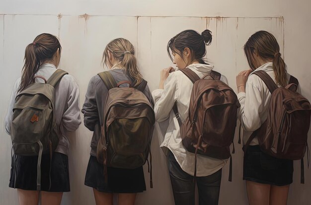 Photo students in school on wall facing backward with backpack in the style of strong emotional impact