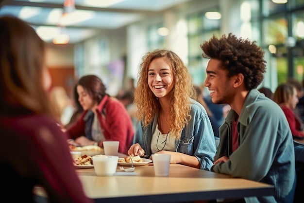 Students share a meal fostering friendships and camaraderie in a vibrant school cafeteria