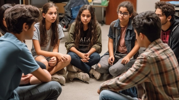 Students sitting on the floor in a circle, one of them has a shirt that says alla on it.