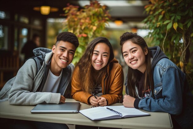 Photo students smiling at a table with a book titled 