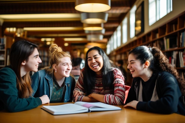 Premium AI Image | Students smiling at a table with one of them smiling.