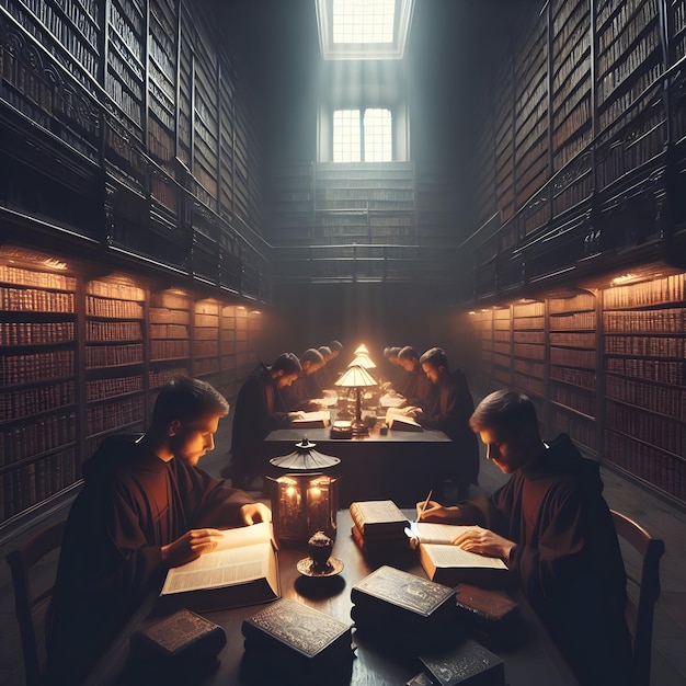 Photo students studied scripture diligently in the dimly lit library of the seminary surrounded by ancien