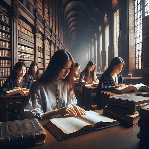 Students studied scripture diligently in the dimly lit library of the seminary surrounded by ancien