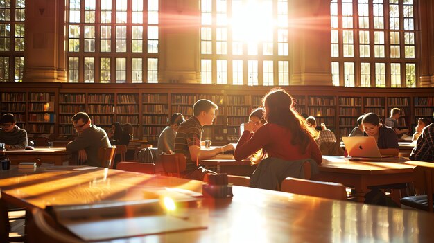 Photo students studying in a college library bathed in warm sunlight