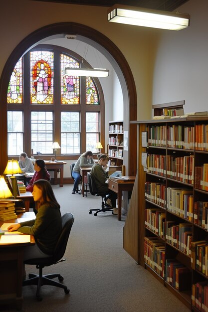 Students studying in a college library