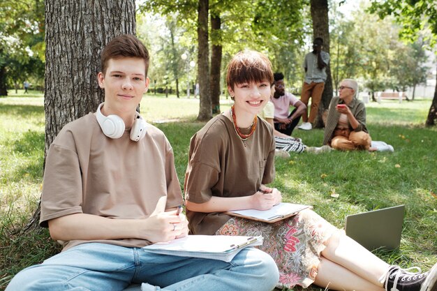 Students studying together outdoors