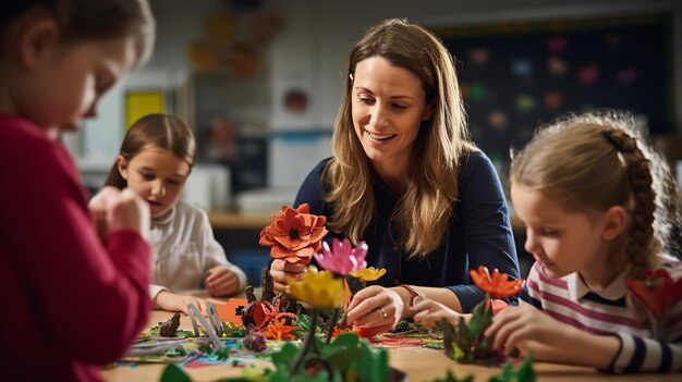 Photo students and their teacher working on a creative project in the classroom generative ai