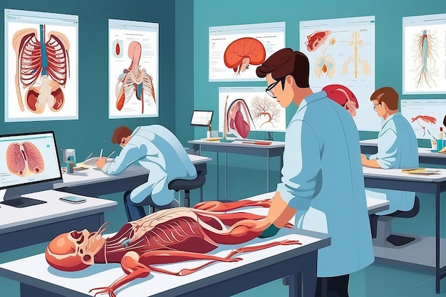 学生が解剖学を学ぶために仮想解剖ソフトウェアを使用している
