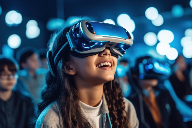 VR 고글을 착용한 가상 현실 교실의 학생들