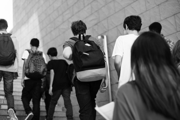 Students walking up on staircase