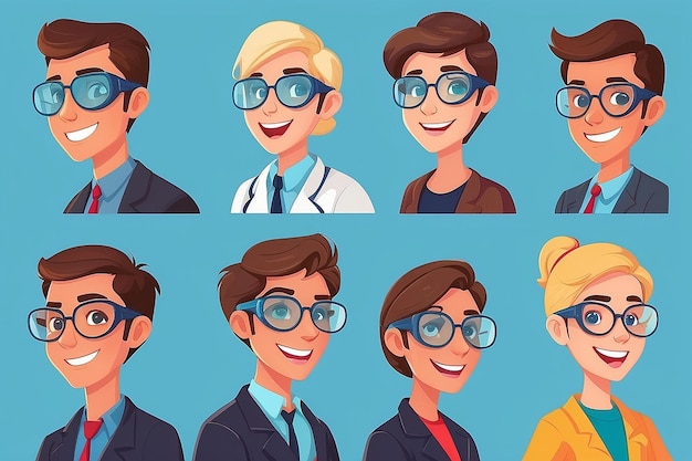 Photo students wearing lab goggles with different expressions vector illustration in flat style