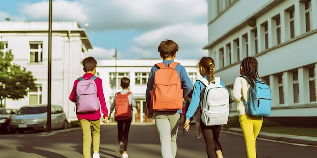 Студенты с рюкзаками, идущие в школу Концепция возвращения в школу, созданная ИИ