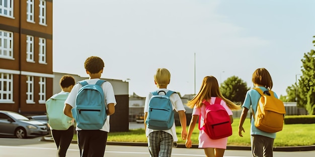 Студенты с рюкзаками, идущие в школу Концепция возвращения в школу, созданная ИИ