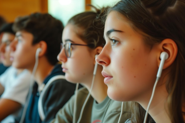 Premium Photo Students with earbuds listening to a recorded lecture Premium Photo Students with earbuds listening to a recorded lecture