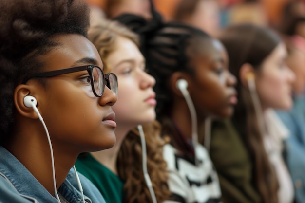 Premium Photo Students with earbuds listening to a recorded lecture Premium Photo Students with earbuds listening to a recorded lecture
