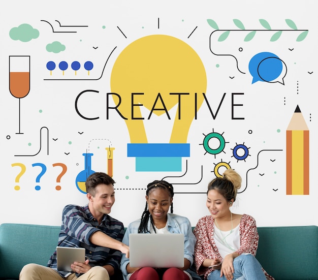 students with illustration of creativity ideas light bulb