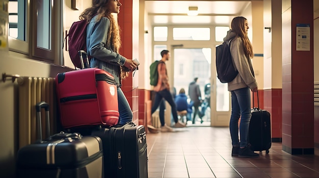 Students with suitcases and backpacks are registered and settled in a student hostel