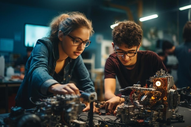 students working on a robot in a factory