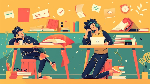 Students yawn at desk with books and laptop Modern flat illustration of teenagers feeling tired while doing schoolwork sleepy girl on bookshelf