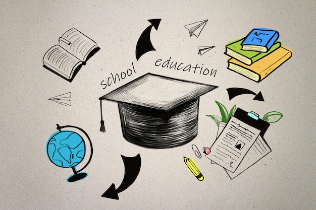 Studeren en onderwijs concept met hand getrokken zwarte baret hoed omgeven door boeken globe potloden en notities op abstracte lichte achtergrond