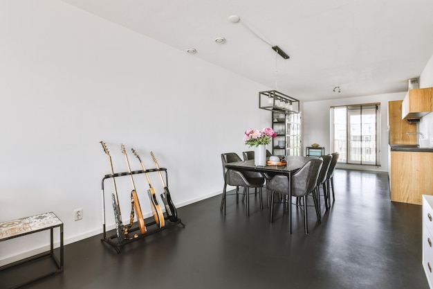 Studio apartment interior with wooden furniture