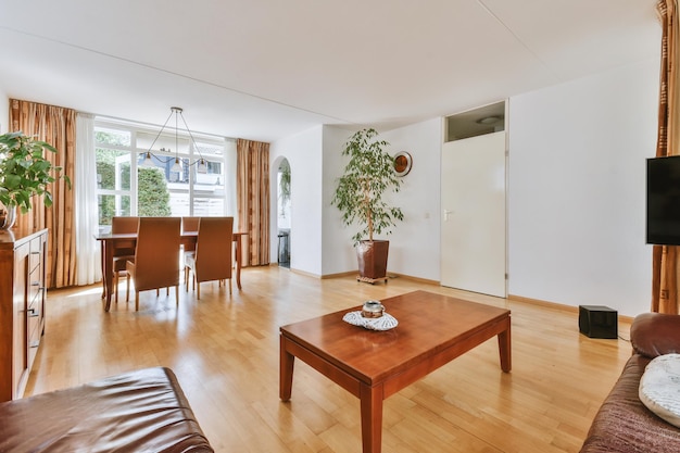 Studio apartment interior with wooden furniture