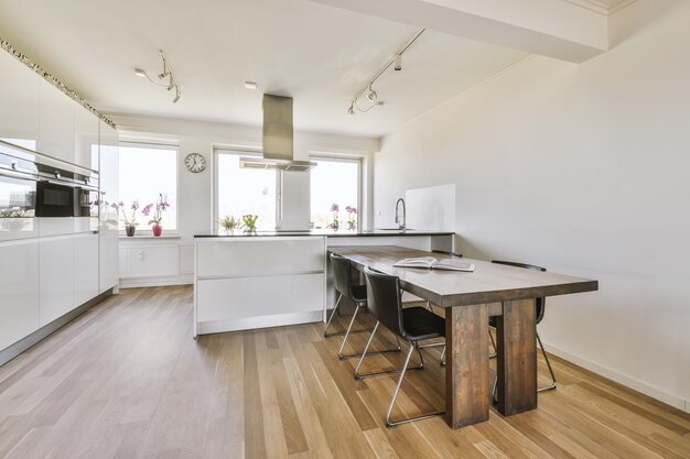 Studio apartment interior with wooden furniture