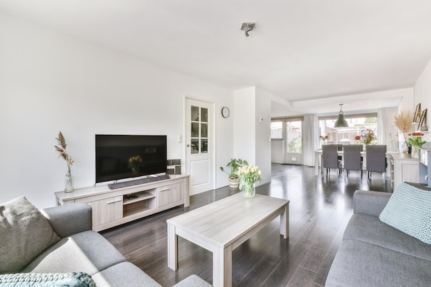 Studio apartment interior with wooden furniture