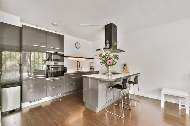 Studio apartment interior with wooden furniture