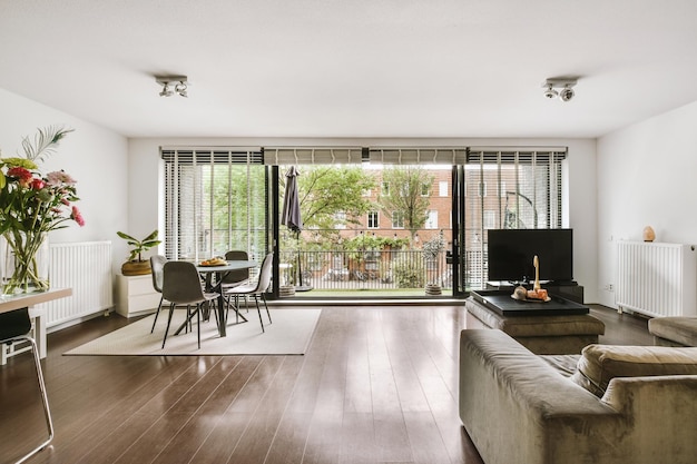 Studio apartment interior with wooden furniture