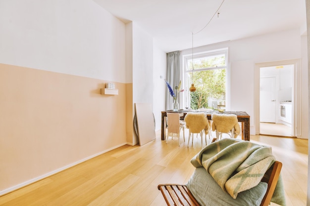 Studio apartment interior with wooden furniture