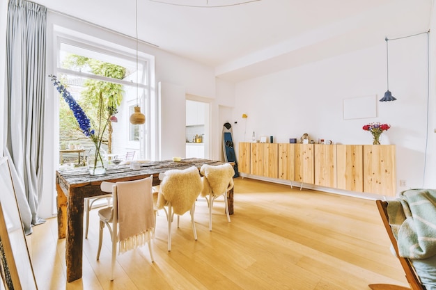 Studio apartment interior with wooden furniture