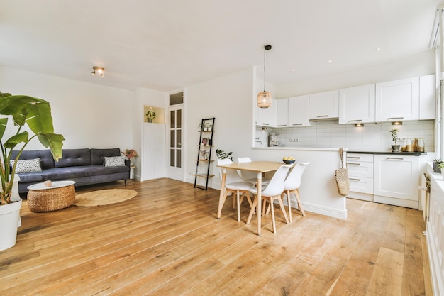 Studio apartment interior with wooden furniture