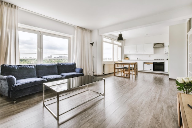 Studio apartment interior with wooden furniture