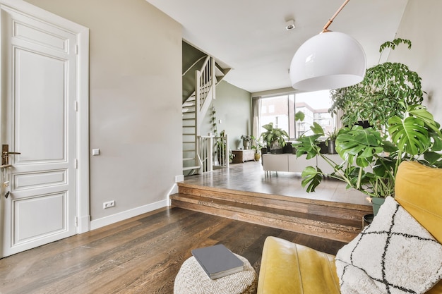 Studio apartment interior with wooden furniture