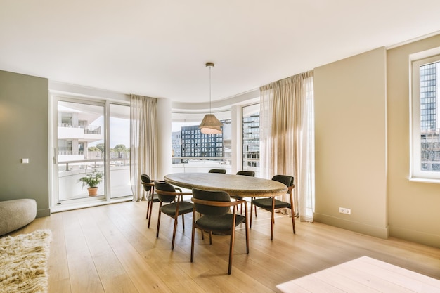 Studio apartment interior with wooden furniture