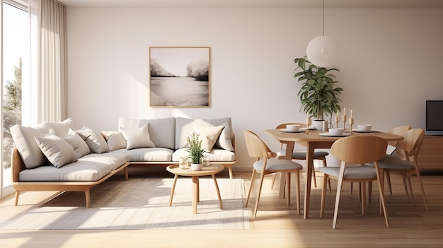 studio apartment with dining table and chairs scandinavian style