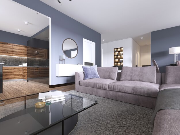 Studio apartment with open living room, kitchenette and dining area. 3d rendering