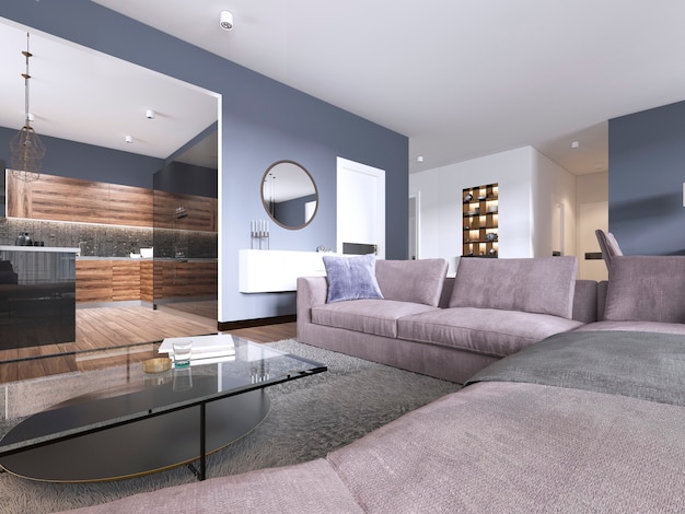 Studio appartement woonkamer met stoffen bank en tv-opslag en keuken met console aan de muur. 3D-rendering