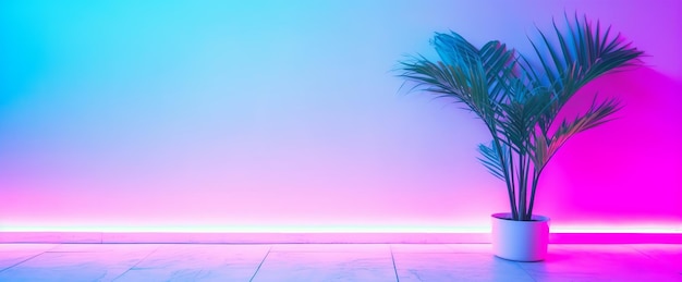 Studio background with houseplants and colorful neon lights