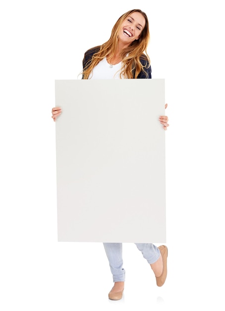 Photo studio blank board and portrait of happy woman with deal info promo or news on mockup signage offer and excited girl with announcement presentation and space on poster with white background