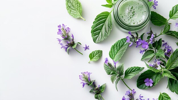 Photo in a studio clean backdrop comfrey herb symphytum officinal with a essential cream jar with space for text or product generative ai