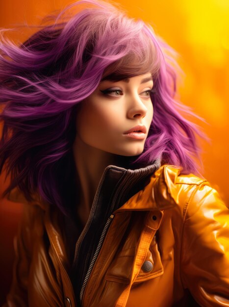 Studio closeup of a young woman with a colorful wavy hair and a yellow jacket posing for the camera