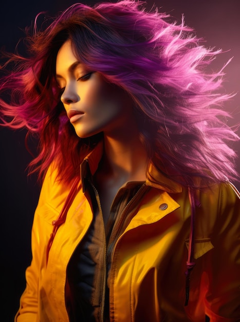 Studio closeup of a young woman with a colorful wavy hair and a yellow jacket posing for the camera