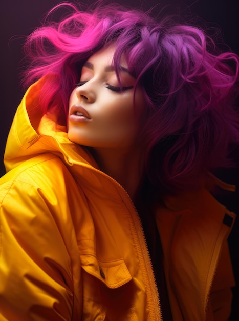 Studio closeup of a young woman with a colorful wavy hair and a yellow jacket posing for the camera